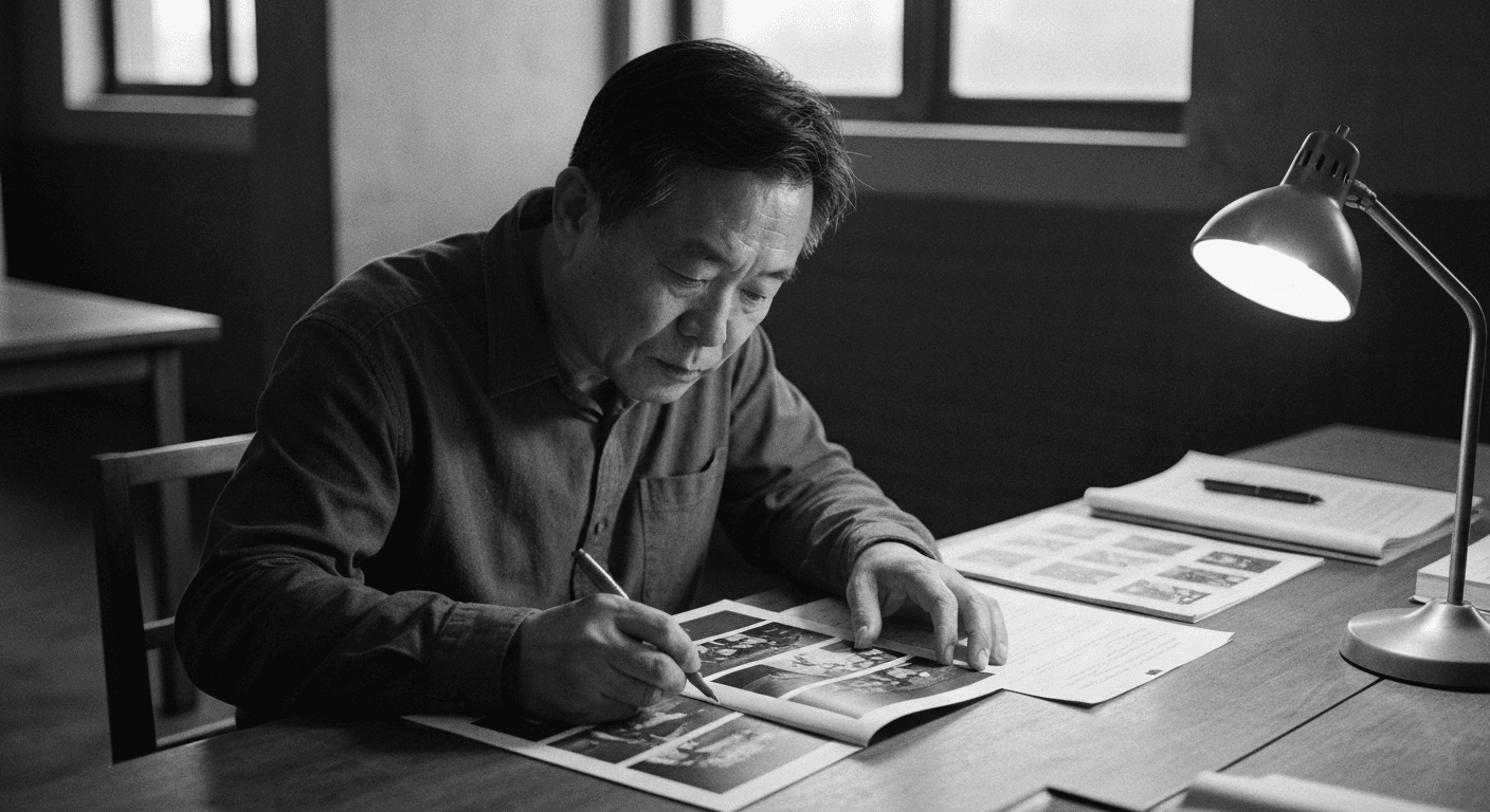 Man at desk marking up printed photos with red pen, comparing annotations to a reference document under warm lamp.