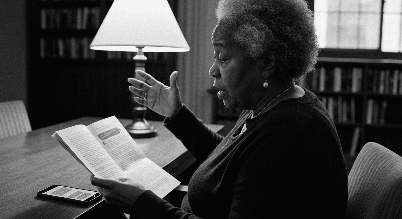 Woman reading aloud from a page in a warm reading room, hand raised mid-gesture as if speaking to someone, with a phone nearb