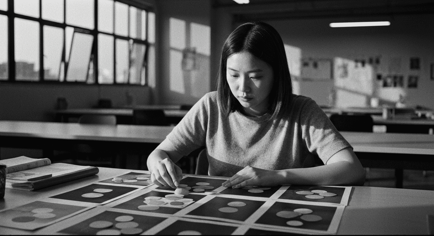 Woman placing colored dots on printed photos at a desk, marking regions with focused attention in dimming office light.
