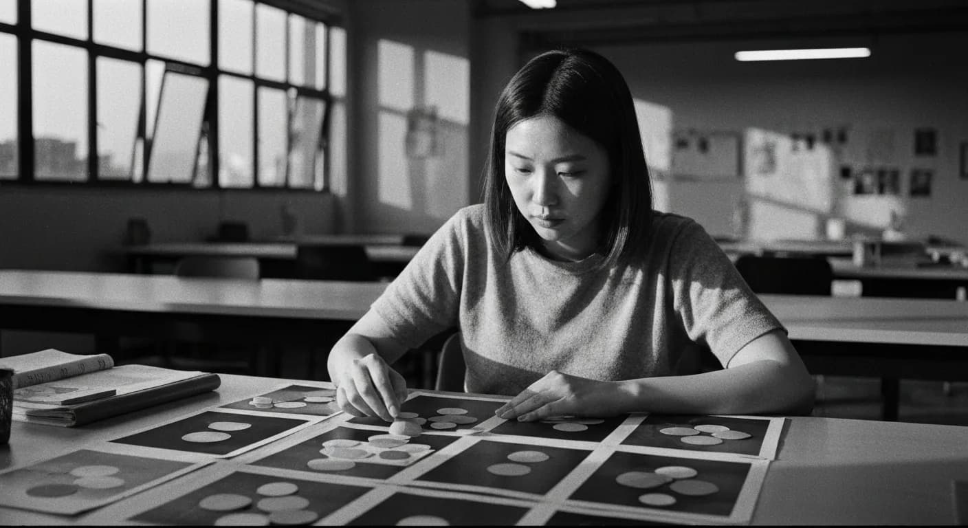 Woman placing colored dots on printed photos at a desk, marking regions with focused attention in dimming office light.