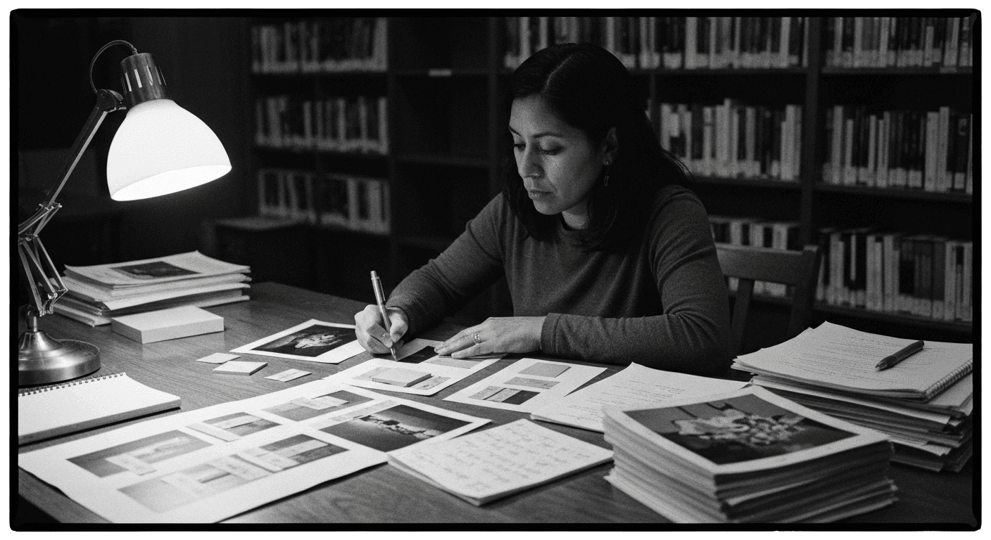 Woman labeling printed photos with colored stickers at a desk, sorting categorized materials under warm lamplight