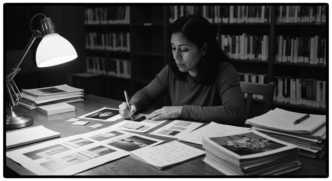 Woman labeling printed photos with colored stickers at a desk, sorting categorized materials under warm lamplight