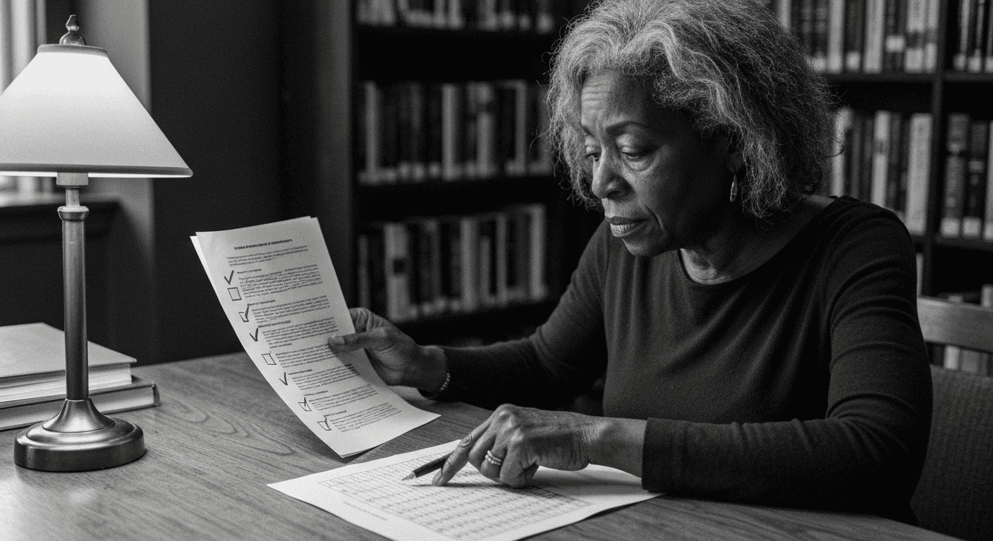 Woman comparing a checklist against printed numerical data at a table under warm lamplight, examining metrics closely.
