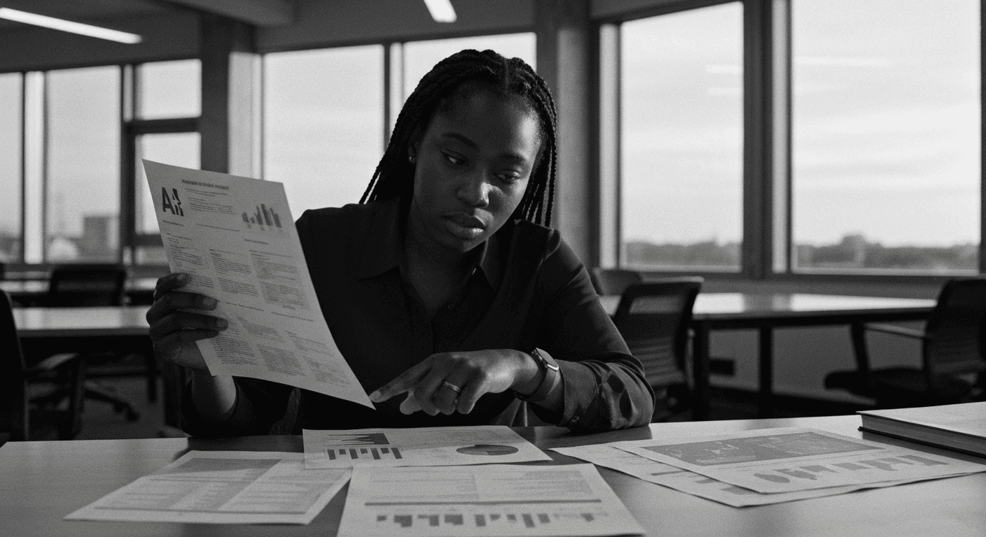 Woman examines printed documents at desk, comparing sections with focused intensity as evening light fills office space.