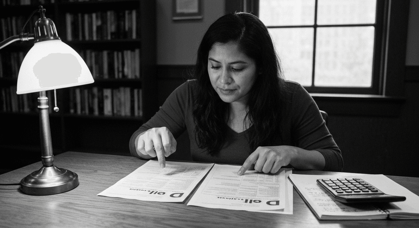 Woman comparing two printed documents at a desk with a calculator and notes, examining details with focused attention under w