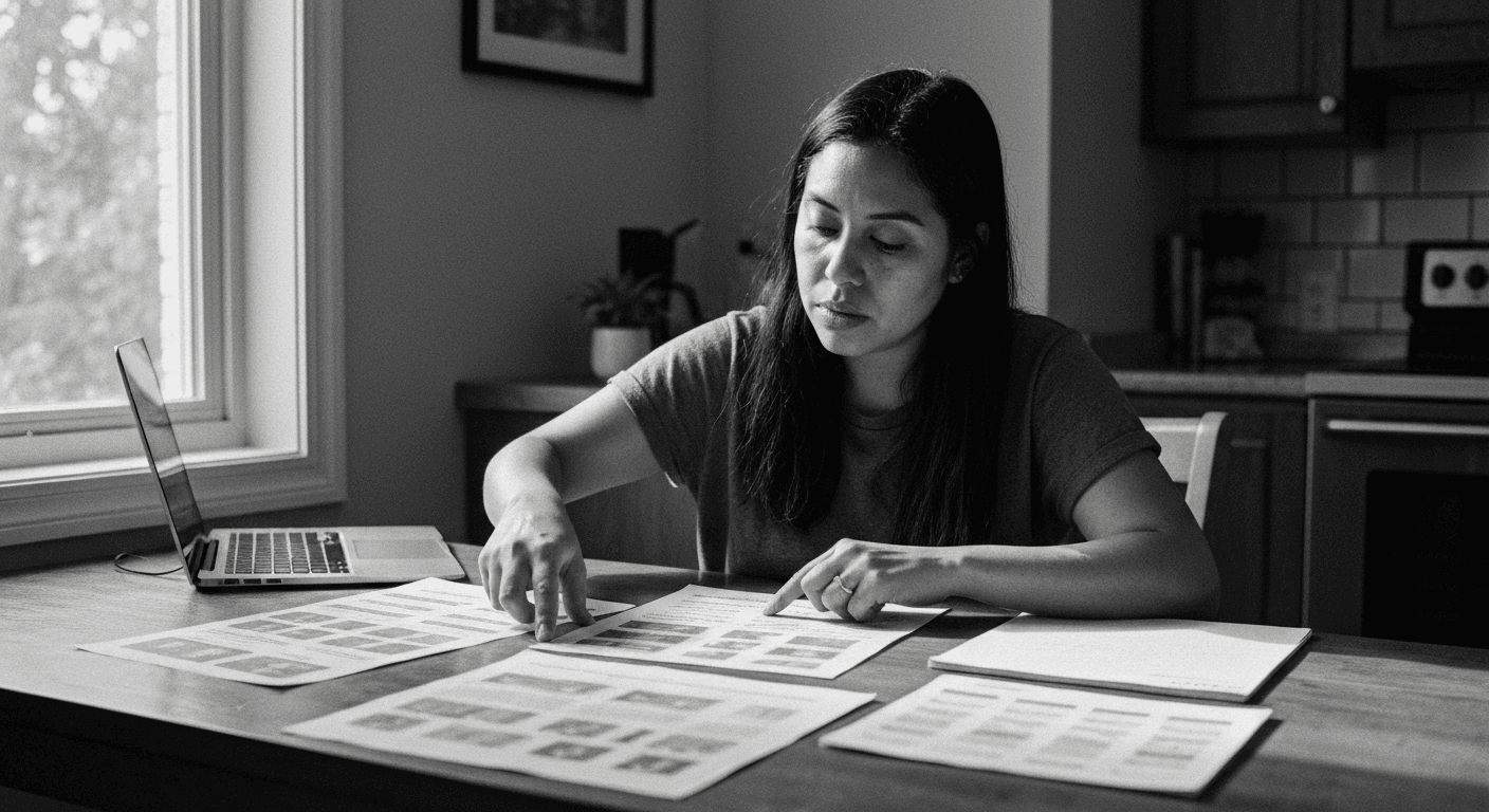 Woman at kitchen table sorting through papers and comparing AI model outputs, with early sunlight casting shadows across her