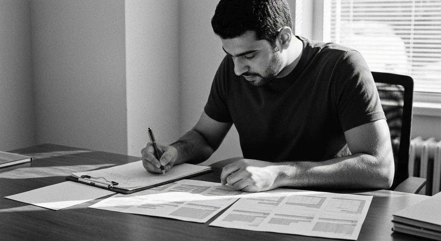 Person reviewing feedback notes at desk in contemplative focus, dramatic side lighting, black and white photograph.