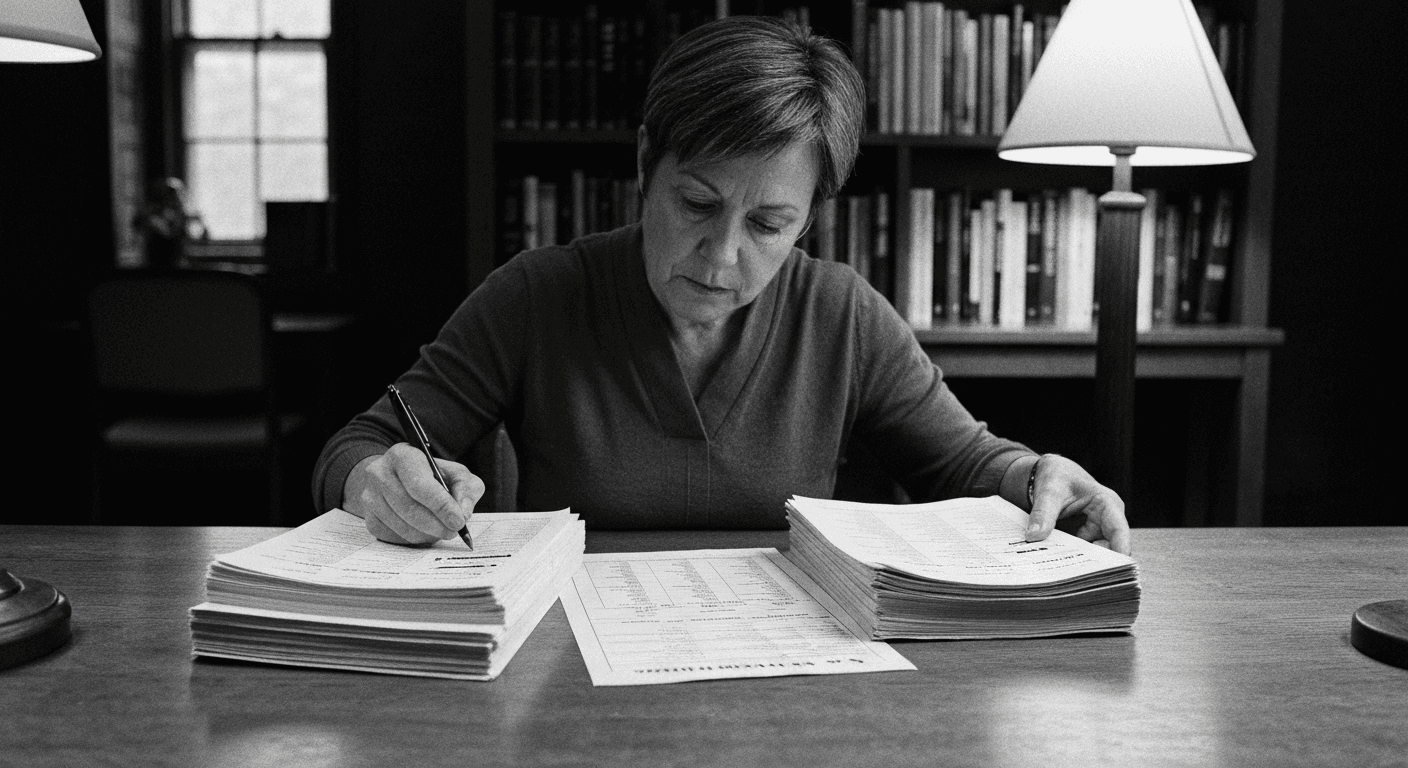 Woman at desk comparing two stacks of papers under warm lamp, annotating one stack with a pen while reviewing the other.