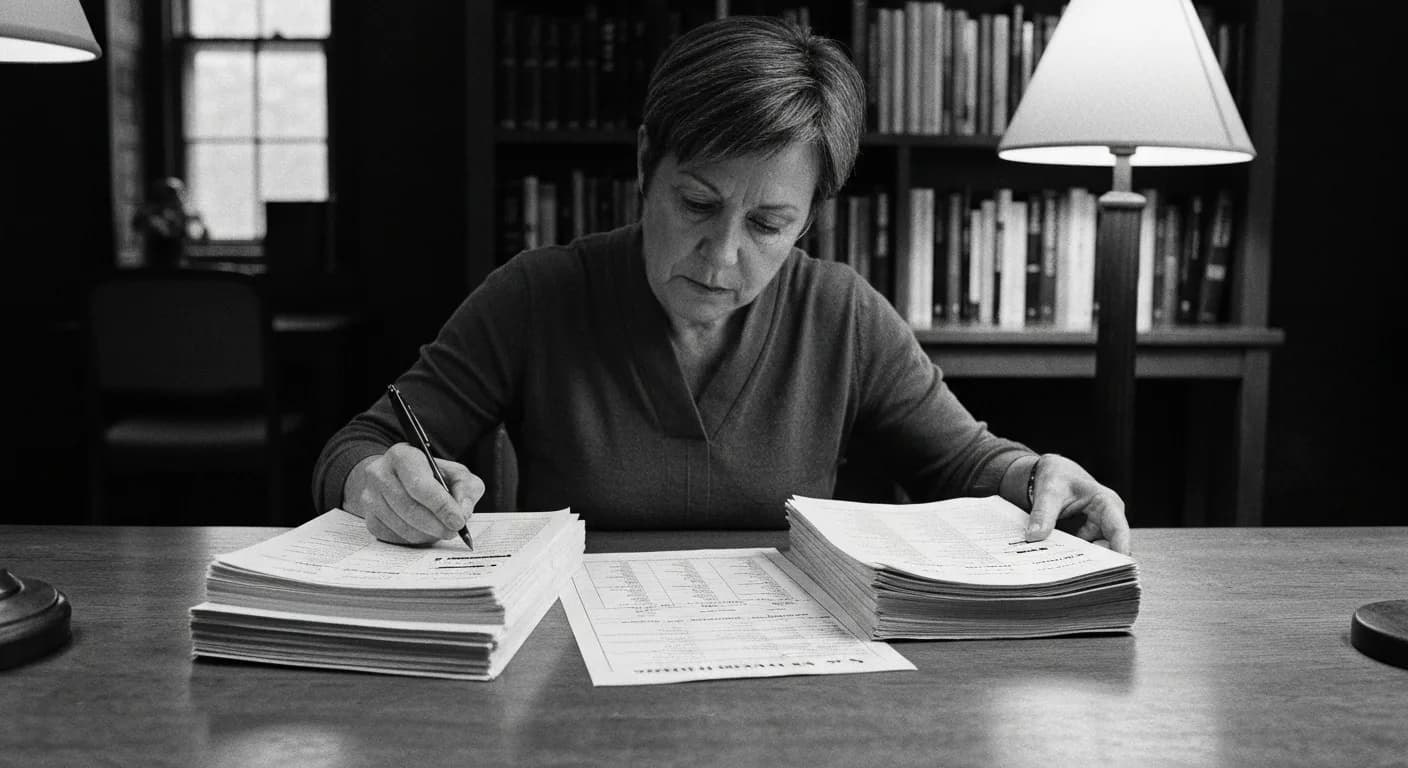 Woman at desk comparing two stacks of papers under warm lamp, annotating one stack with a pen while reviewing the other.