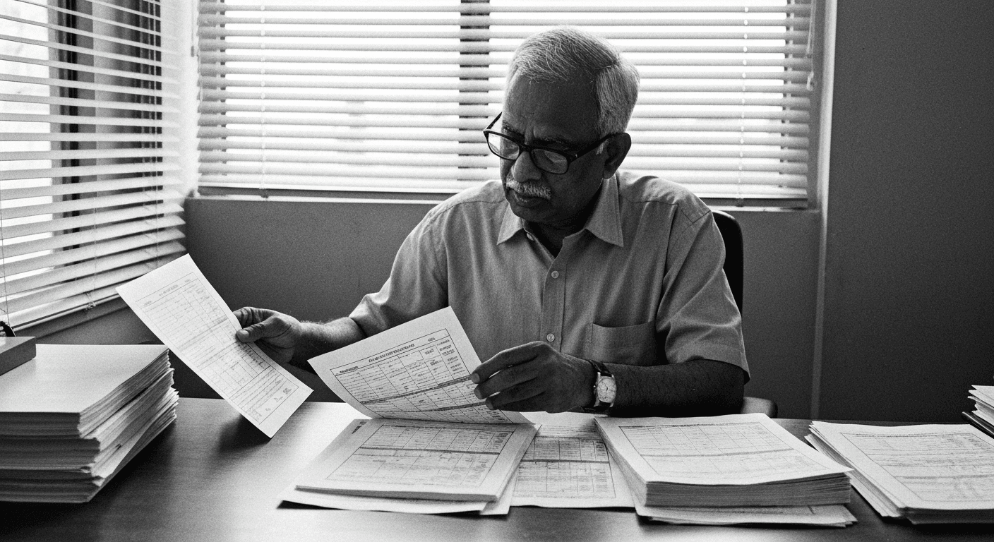 Man sorting printed documents into distinct piles at a desk, comparing evaluation forms with model outputs under window blind