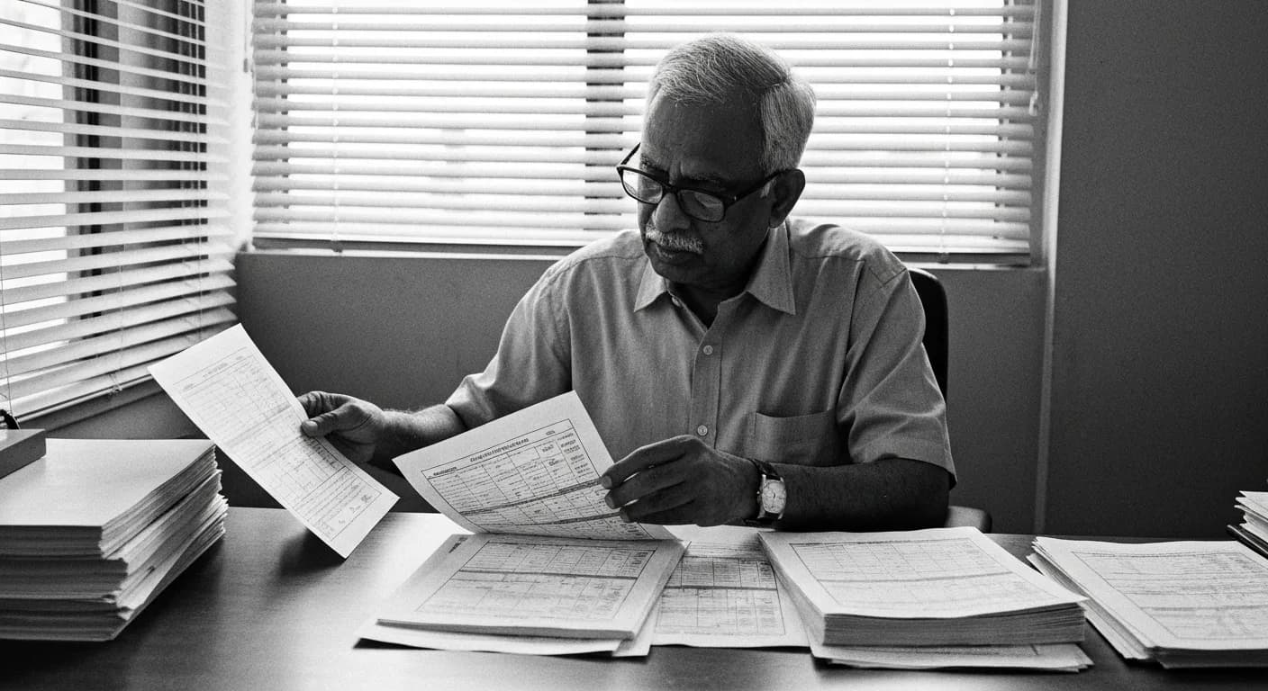 Man sorting printed documents into distinct piles at a desk, comparing evaluation forms with model outputs under window blind