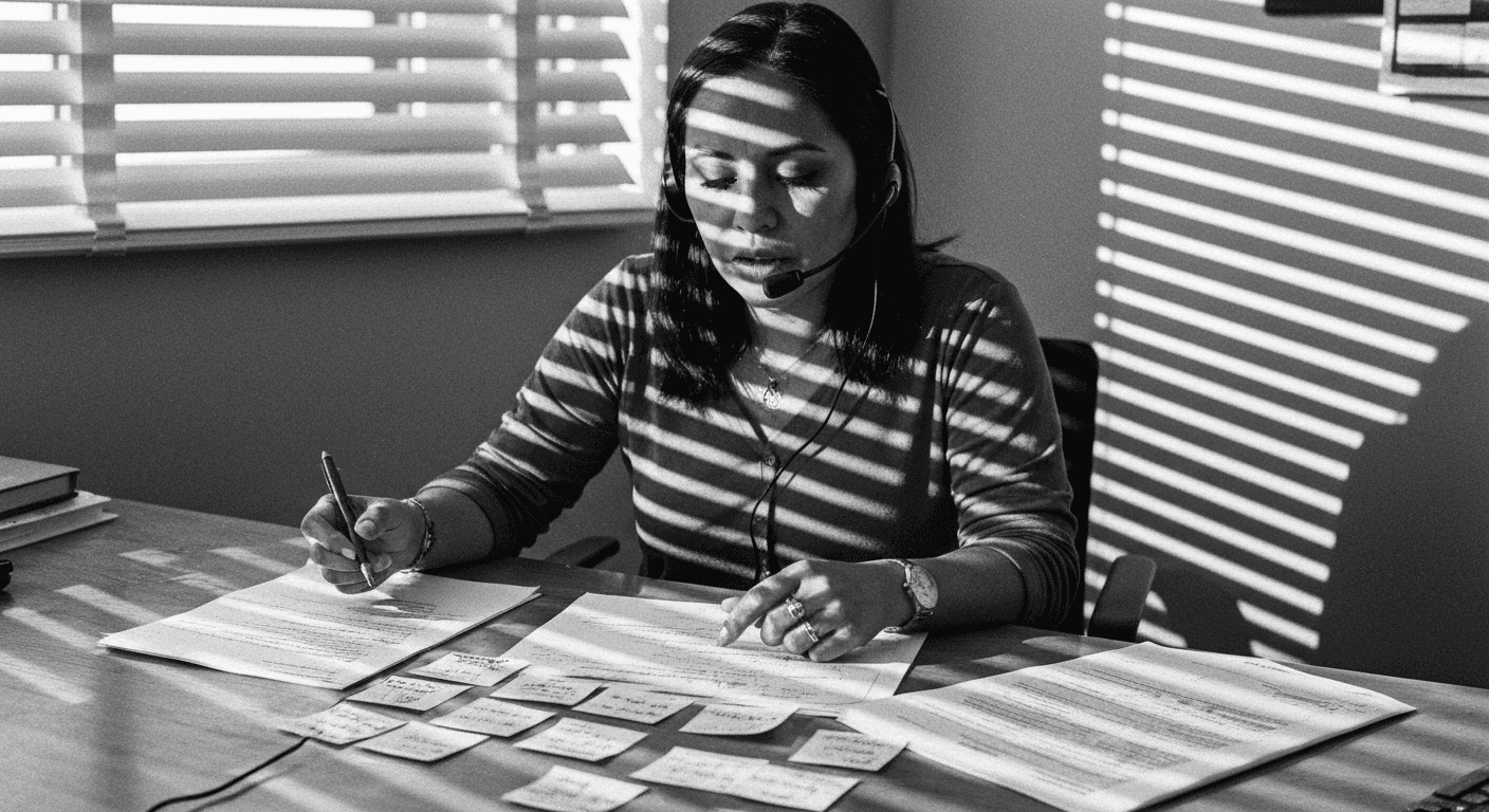 Woman wearing headset at desk with scattered index cards and scenario documents, venetian-blind shadows across workspace, aft