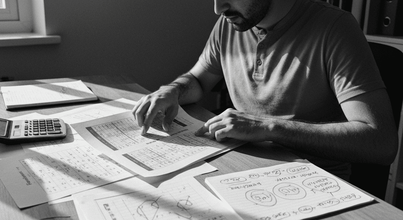 Man comparing multiple printed evaluation charts and metrics spread across desk, tracing between columns with his finger in b