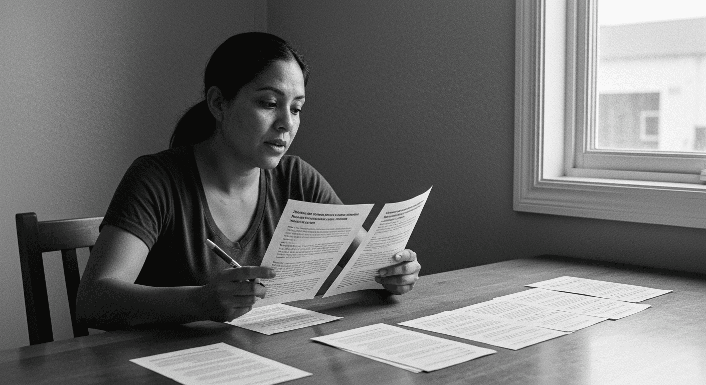 Woman at kitchen table comparing two printed documents, marking one while reviewing the other in morning light
